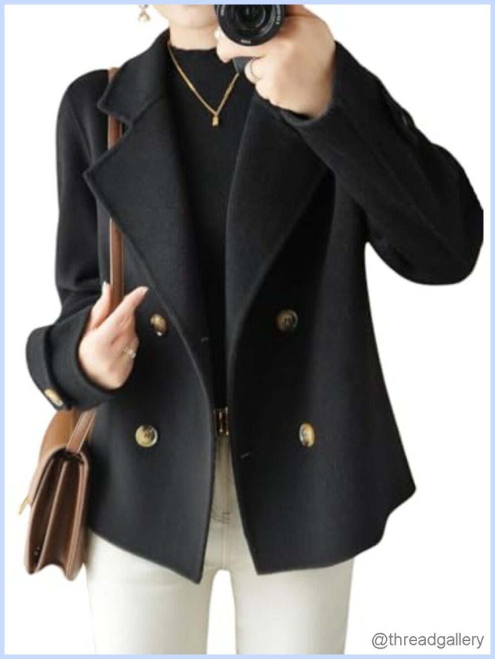 Womens Wool Blend Pea Coat Double Breasted Button Notch Collar Mid Thigh Loose